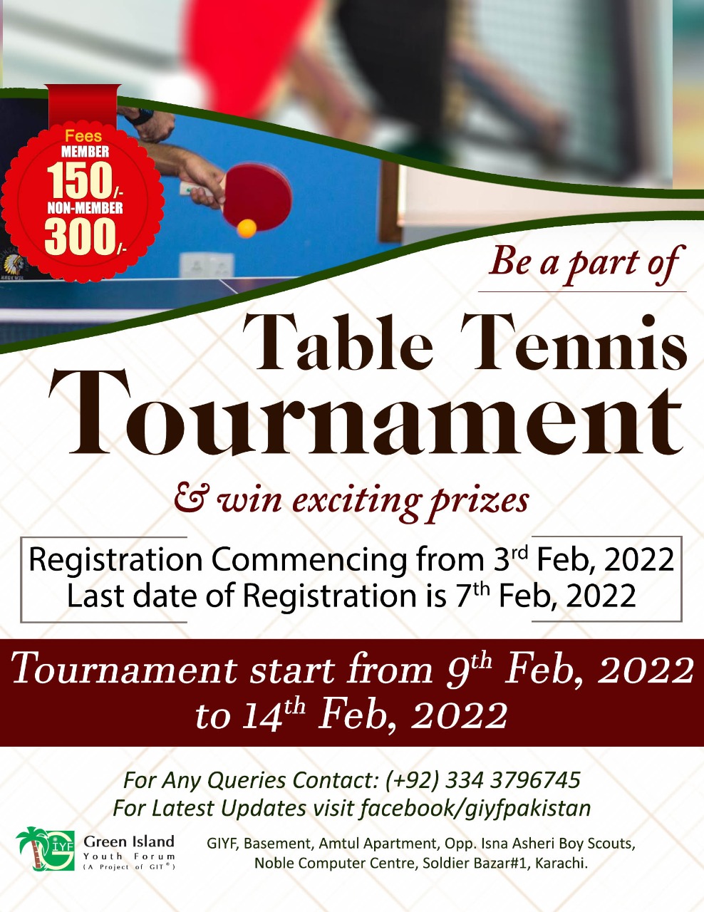 TABLE TENNIS TOURNAMENT Hurry up for Registration